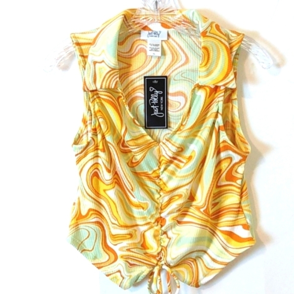 JUST POLLY JUNIORS RETRO SWIRL V-NECK SLEEVELESS RUCHED FRONT TOP SIZE XL NWT - Picture 6 of 6